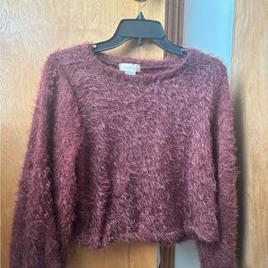 Altar'd State Fuzzy Cropped Crewneck Sweater in Wine